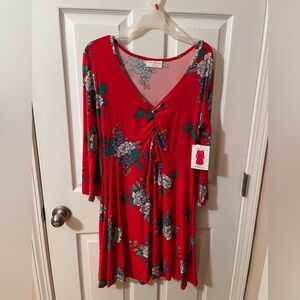 Bobbie Brooks Red Floral V-Neck Dress